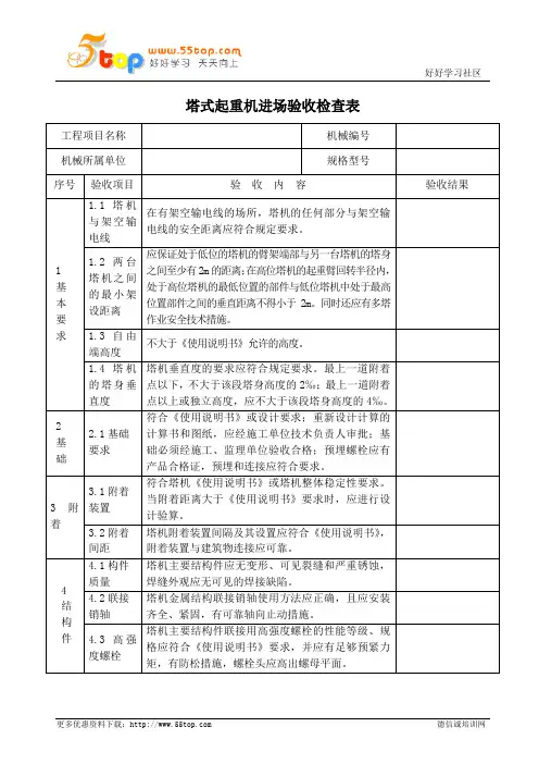 塔式起重机进场验收检查表