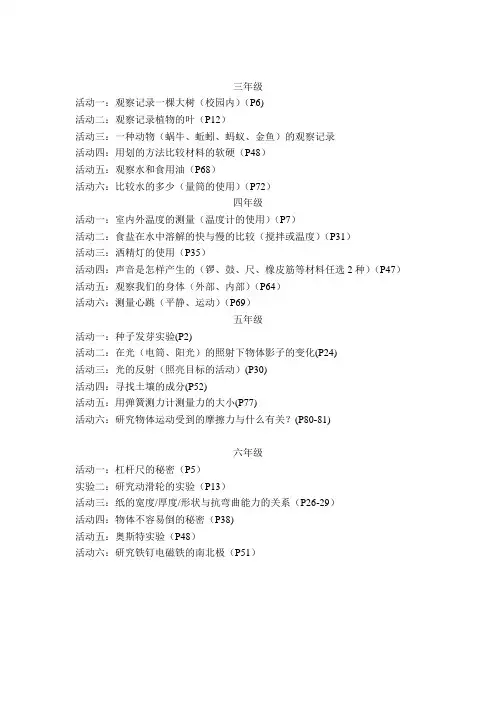 小学科学3-6年级必做实验目录(上)