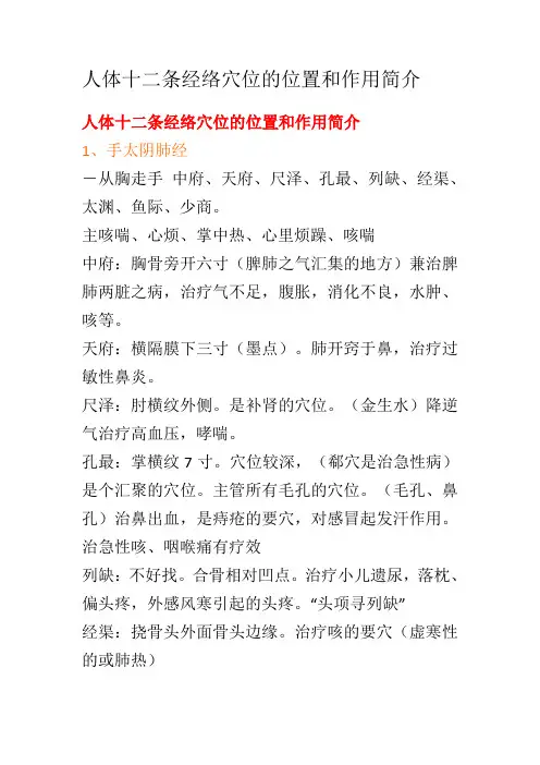 人体十二条经络穴位的位置和作用简介.