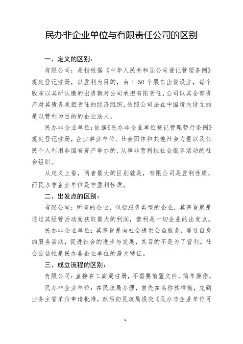 民办非企业单位与有限责任公司的区别