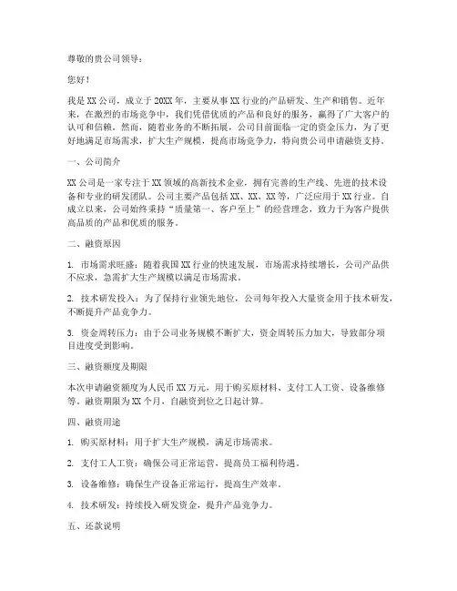 申请融资申请书范文