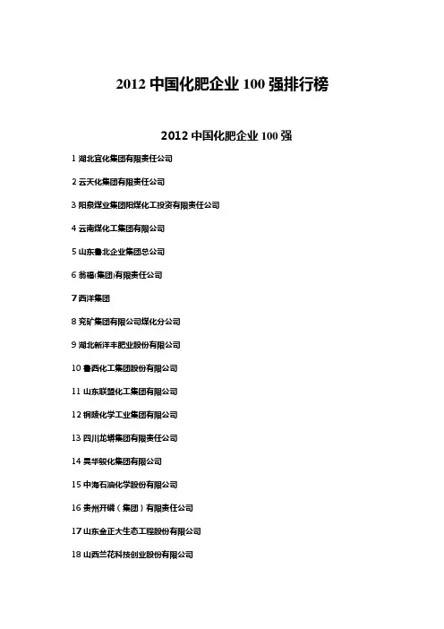 2012中国化肥企业100强排行榜