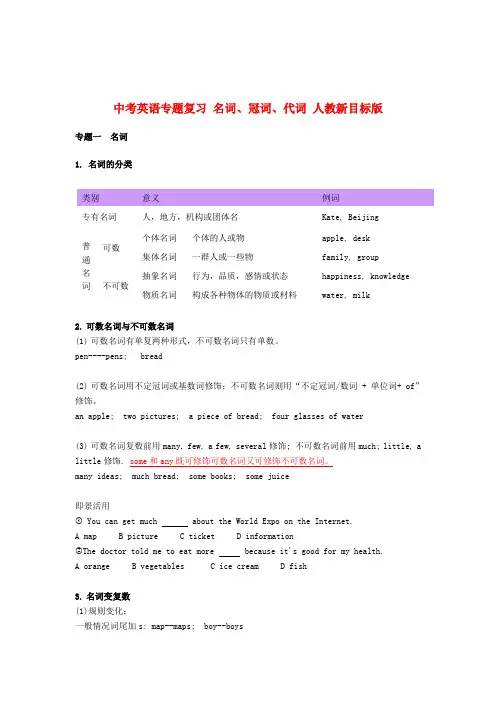 中考英语专题复习 名词、冠词、代词 人教新目标版