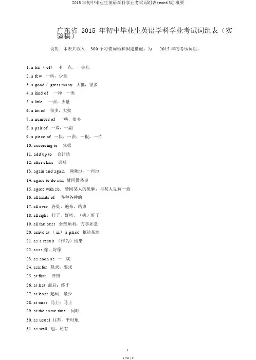 2015年初中毕业生英语学科学业考试词组表(word版)概要