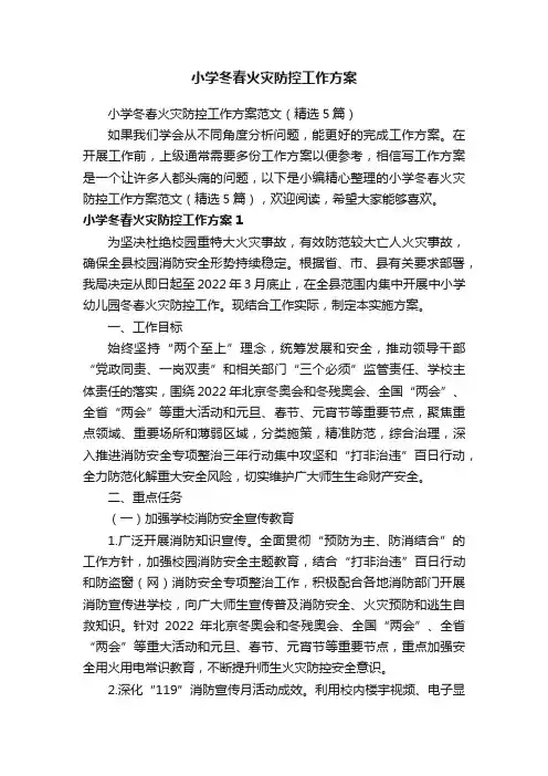 小学冬春火灾防控工作方案范文（精选5篇）