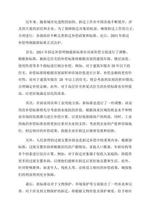 2024年拆迁补偿明细最新标准出炉