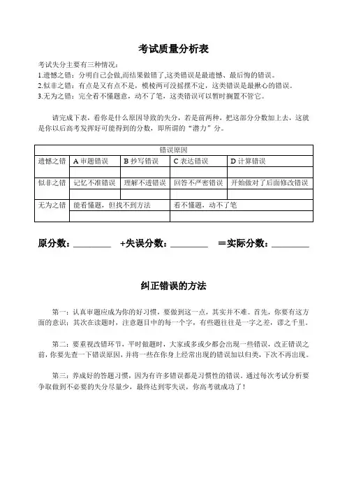 数学考试质量分析表