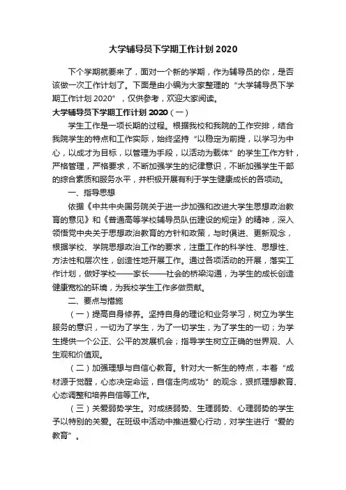 大学辅导员下学期工作计划2020