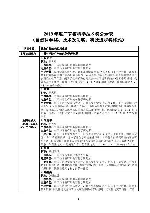 2018年度广东省科学技术奖公示表