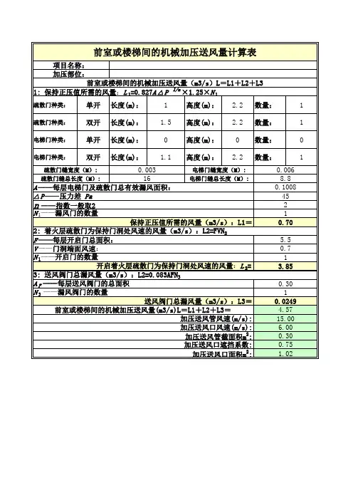前室或楼梯间的机械加压送风量计算表