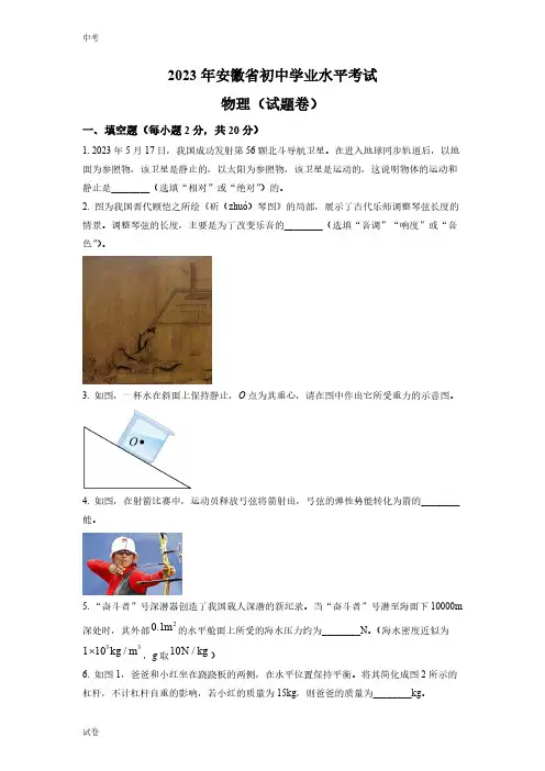 2023安徽省中考物理真题试卷和答案