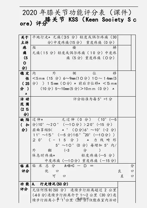 2020年膝关节功能评分表(课件)