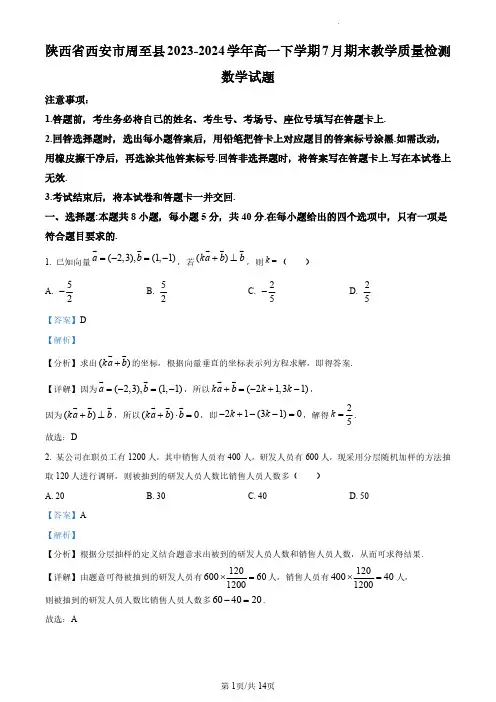 陕西省西安市周至县2023-2024学年高一下学期7月期末教学质量检测数学试题(解析版)