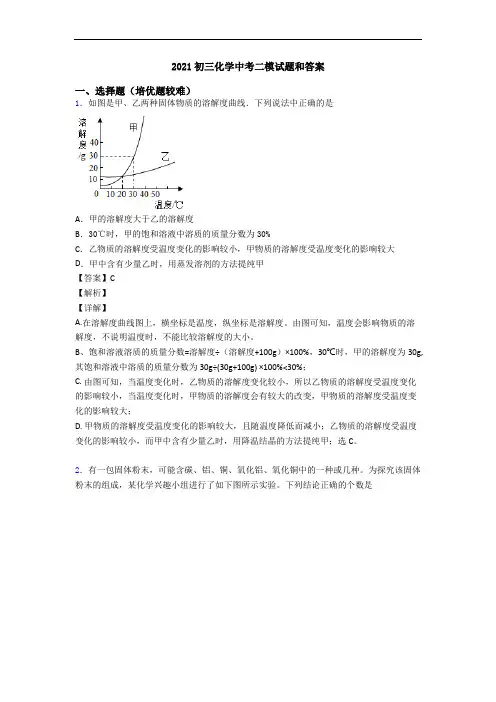 2021初三化学中考二模试题和答案