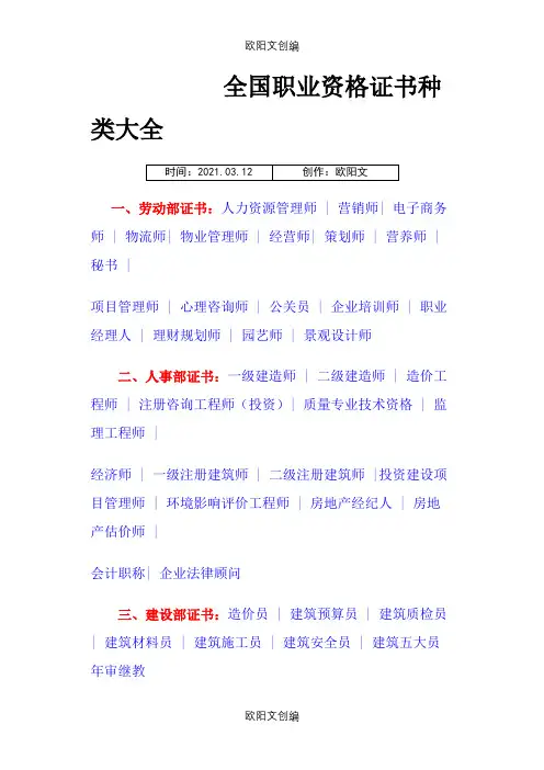 全国职业资格证介绍模板种类大全(含最热门的职业资格证介绍模板大盘点)之欧阳文创编