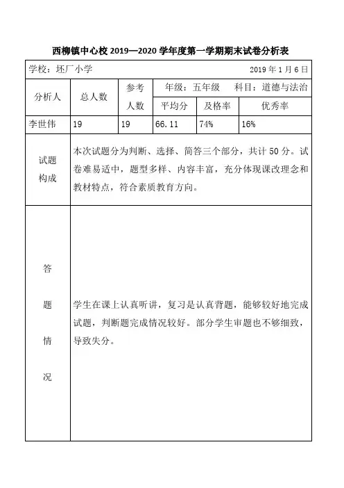 2019—2020学年度第一学期期末试卷分析表：坯厂四年道德与法治席卷分析 - 副本