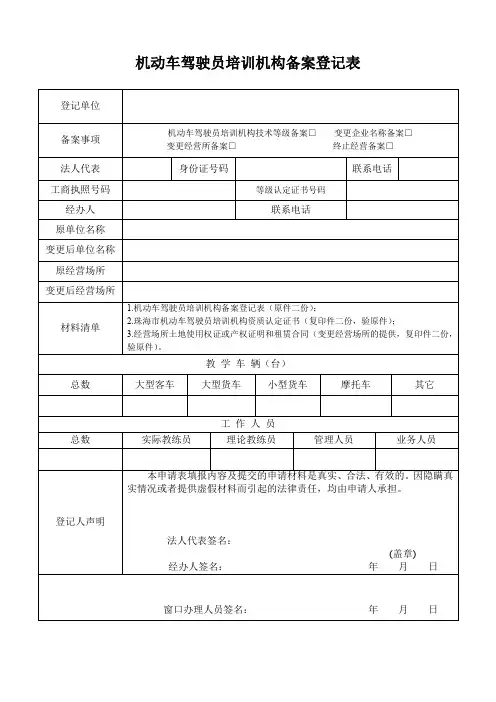 机动车驾驶员培训机构备案登记表