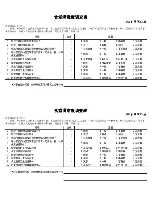 食堂满意度调查表模板(一页可打印两份)