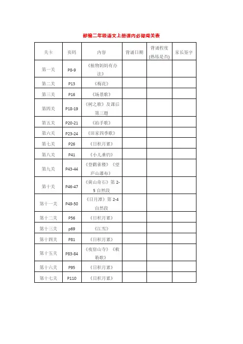 部编二年级语文上册课内必背闯关表及每课预习清单(预习材料)