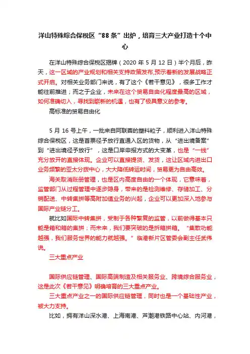 洋山特殊综合保税区“88条”出炉，培育三大产业打造十个中心