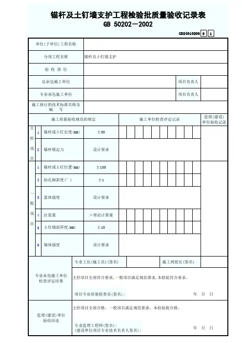 锚杆及土钉墙支护工程检验批质量验收记录表GD24010206
