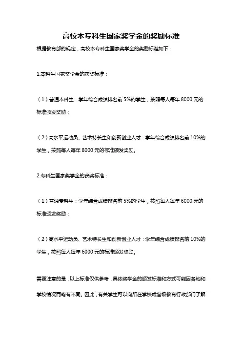 高校本专科生国家奖学金的奖励标准