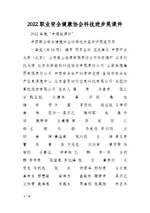 2022职业安全健康协会科技进步奖课件