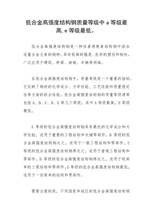 低合金高强度结构钢质量等级中a等级最高,e等级最低。