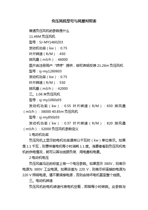 负压风机型号与风量对照表