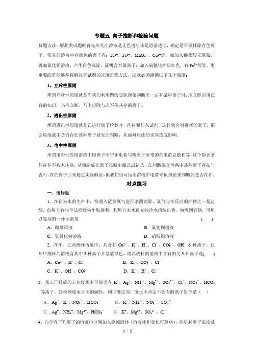 高一化学复习(专题05离子检验和推断问题)