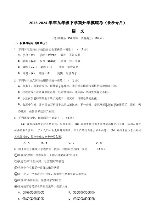 2023-2024九年级语文下学期开学摸底考试金卷(长沙专用)(考试版)