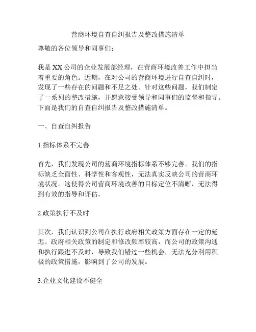 营商环境自查自纠报告及整改措施清单