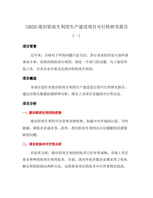 (2023)废旧铝再生利用生产建设项目可行性研究报告(一)