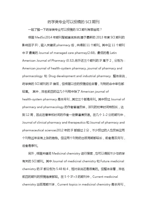 药学类专业可以投稿的SCI期刊