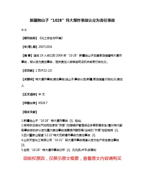 新疆独山子“10·28”特大爆炸事故认定为责任事故