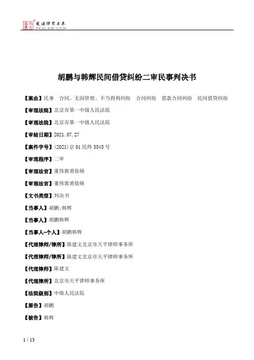 胡鹏与韩辉民间借贷纠纷二审民事判决书