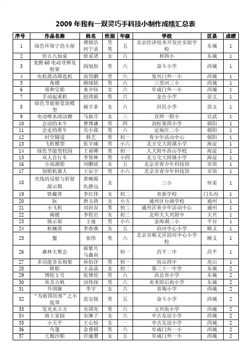 2009年度我有一双灵巧手科技小制作成绩汇总表
