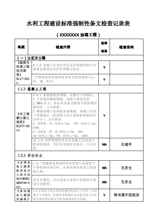 水利工程建设标准强制性条文检查记录表
