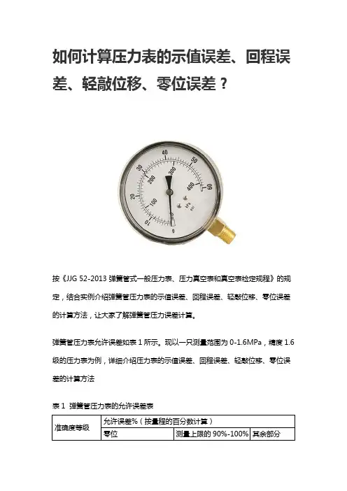 如何计算压力表的示值误差、回程误差、轻敲位移、零位误差？