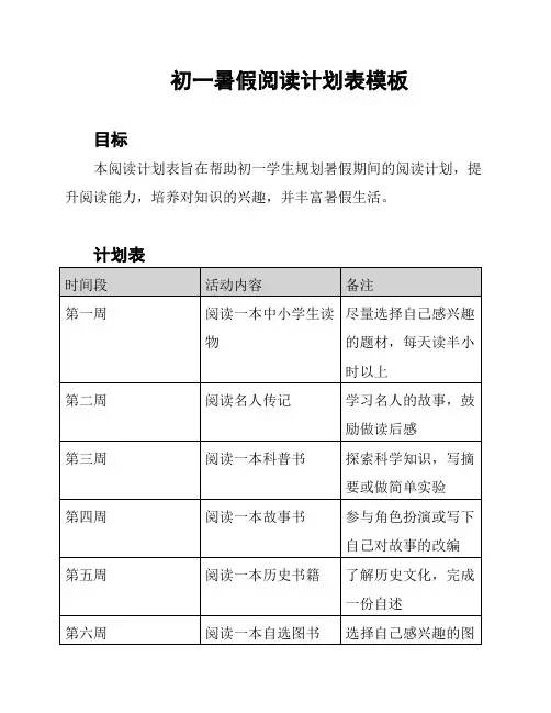 初一暑假阅读计划表模板