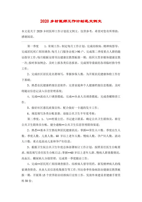 2020乡村医师工作计划范文例文