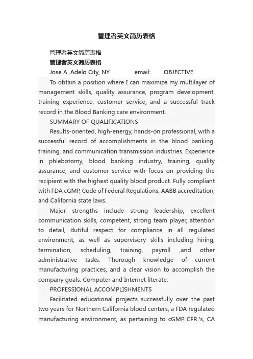 管理者英文简历表格