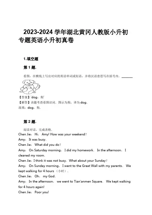 2023-2024学年湖北黄冈人教版小升初专题英语小升初真卷习题及解析