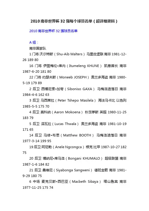 2010南非世界杯32强每个球员名单（超详细资料）