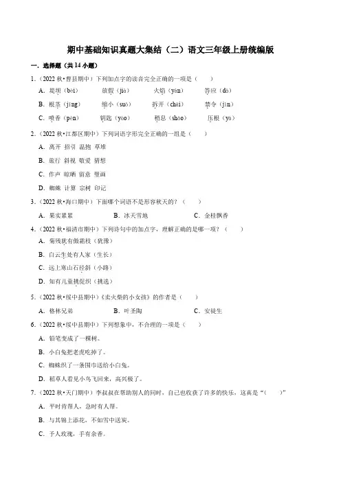 期中基础知识真题大集结(二)语文三年级上册 统编版