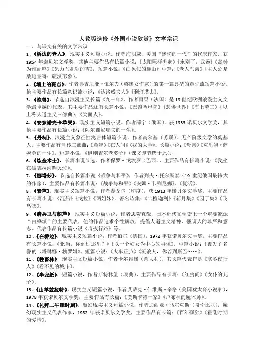 人教版选修《外国小说欣赏》文学常识