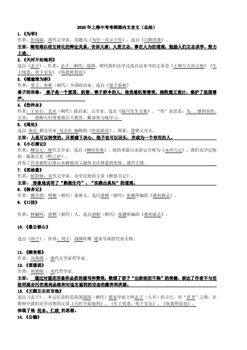 2020年上海中考考纲课内文言  教师版