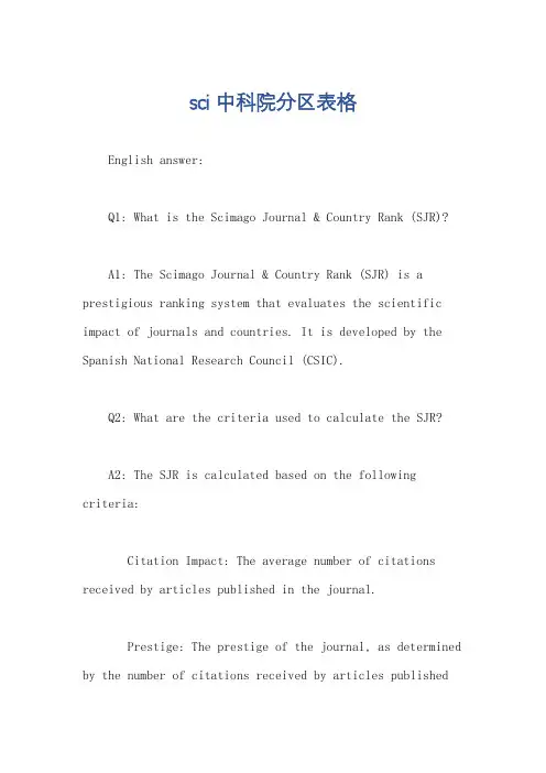 sci 中科院分区表格