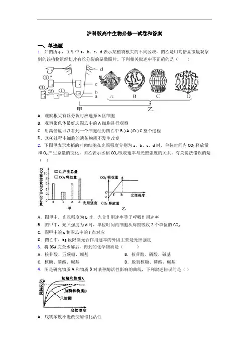 沪科版高中生物必修一试卷和答案