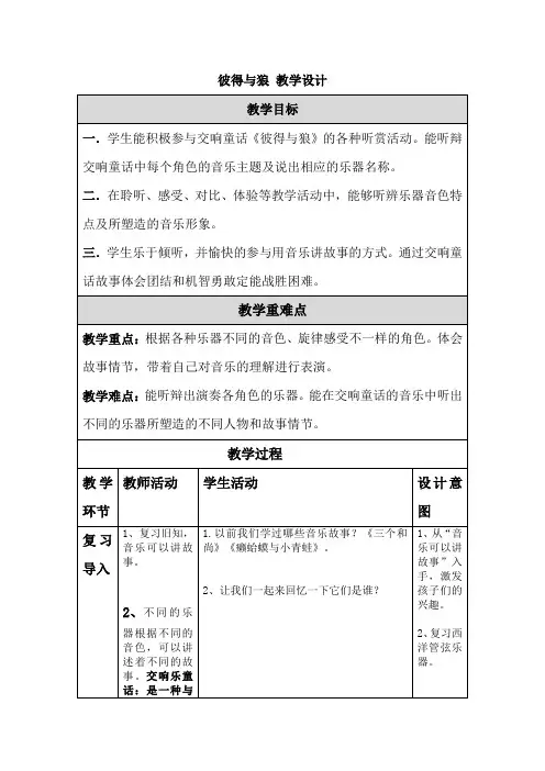 彼得与狼 教学设计 人教版(2012)音乐五年级上册